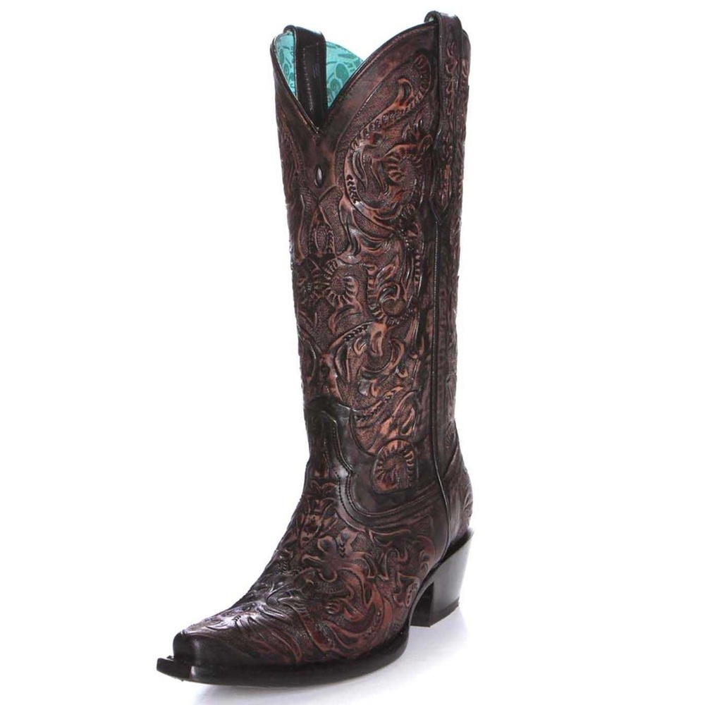 Corral Women's Dark Brown Hand Tooled Embroidered Snip Toe Western Cowboy Boots